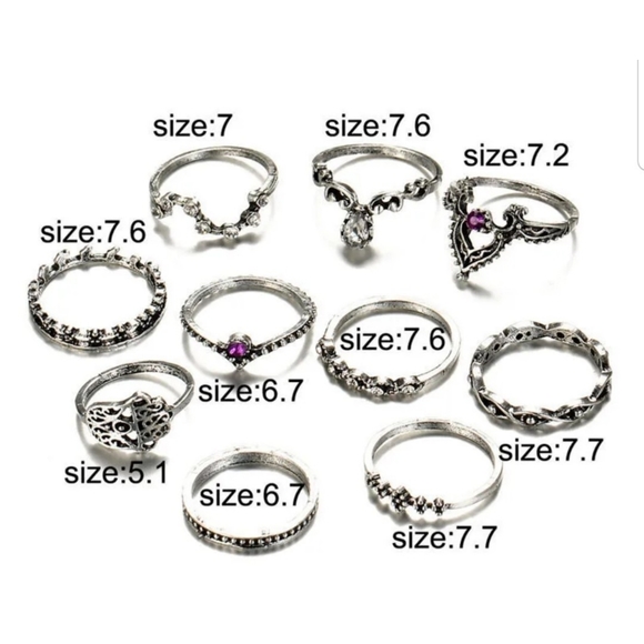 Dainty antique silver 10 piece boho crystal stackable ring set - Picture 2 of 2